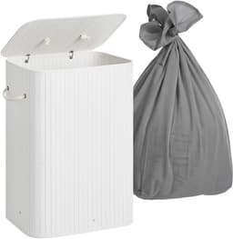 Wasmand 2 vakken - 105 l - bamboe - opvouwbaar - wit — thumbnail 1