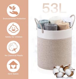 Wasmand Katoen - Wasmanden - Opbergmand 52 ltr - Mand Rond met handvaten - Wasbox Opvouwbaar - Speelgoedmand - 38cm*50cm — thumbnail 4