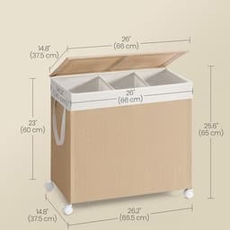 Drie-vaks grote wasmand, opbergmand, vuilewasmand 66,5×37,5×65 cm naturel, rotan-design, met deksel en afneembare binnenzak, wielen met rem, 140L grote capaciteit, voor huishoudelijk gebruik — thumbnail 2