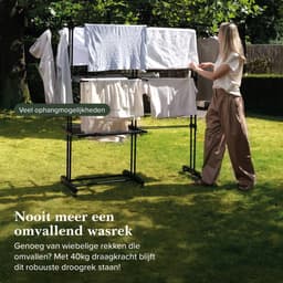 Jubbly® – Uitschuifbare Droogtoren – Inklapbaar Wasrek – Uitgerust met Wieltjes – 4 Verdiepingen – 35 meter Drooglengte – 40 kilo Draaggewicht – Wastoren Staand – Droogrek op Wielen - Zwart — thumbnail 5