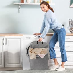 Wasmand - Opvouwbare Wasmand - Katoen en linnen - Met Deksel - Smalle - Afneembare zak - Reisgoederen - Opvouwbare Mand Vuile Was - Plooimand - Ophangbare - Voor wasruimte, slaapkamer - 48*36*12cm - Grijs — thumbnail 5