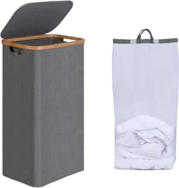 efluky Wasmand met deksel, 75 liter, smalle wasmand met wasbare binnenzak, grijze wasmand met bamboehandgrepen, opvouwbare wasmanden voor bijkeuken, slaapkamer, badkamer — thumbnail 1