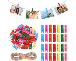 Houten Klemmetjes - Mini Knijpers - Decoratieve Projecten - Inclusief Jute Touw - 150 Stuks - Gekleurd