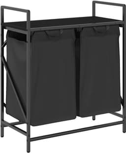 Wasmand – Laundry Basket – Wasbox – Wascontainer – Wasrek – 2 Compartimenten – Stevig Stalen Frame met Houtlook Opbergrek — thumbnail 1