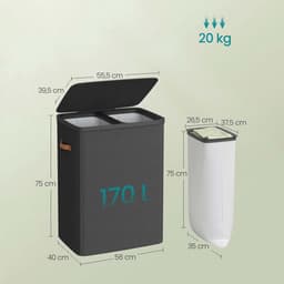 Wasmand Waszak 56x40x75cm zwart 170 liter (44,9 gallon) Grote capaciteit opbergmand Dubbele compartimenten Met afneembare binnenzakken Deksel en handgrepen Kleding sorteersysteem Geschikt voor badkamer en wasruimte — thumbnail 2