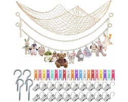 Inovra- Opbergnet Bohemian Macramé - Hangende Opberger - Opberg Etui - Knuffels - Decoratie - 40 Clips - 2 m Pluche Dier - Opbergnetten