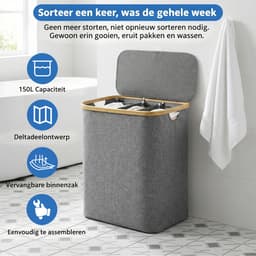 Wasmand - Wasmand 3 Vakken - Wasmand met Deksel - Wassorteerder - 160L - Grijs — thumbnail 2
