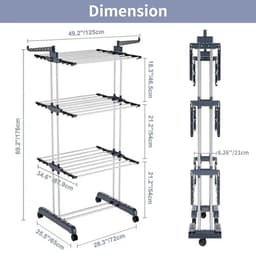 Solidchoice - Dailygoods Droogrek 3-laags verstelbare rollende washanger met opvouwbare vleugels Grote kledingdroger met zwenkwielen — thumbnail 5