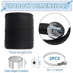 Afvoerslang PVC Aluminium - Flexibele Luchtslang - Ventilatie Keuken Badkamer - Met RVS Slangklemmen - 100mm 3m - Zwart — thumbnail 2