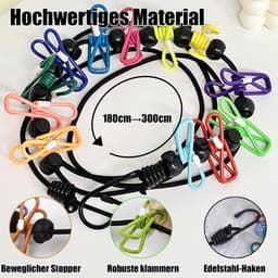 Waslijn camping, reiswaslijn, reiswaslijn met 12 wasknijpers, draagbare intrekbare waslijn voor reizen, vakantie, outdoor, camping (180-300 cm) — thumbnail 2