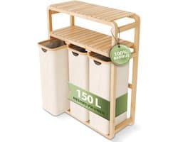 Wasmand 3 vakken met legplank beige 150 l – ruimtebesparend design – 50 l per vak – stabiele bamboeconstructie – legplank – uitneembare, wasbare waszakken