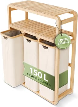 Wasmand 3 vakken met legplank beige 150 l – ruimtebesparend design – 50 l per vak – stabiele bamboeconstructie – legplank – uitneembare, wasbare waszakken — thumbnail 1