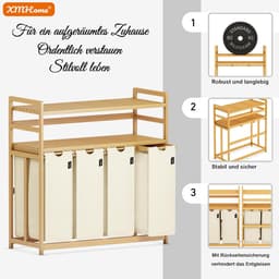Wasmand met 4 vakken - Kleding Sorteerder - Was Sorteren - Dubbele Bamboe Plank - 198 Liter - Beige — thumbnail 2