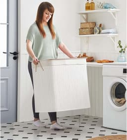 Wasmand Wasgoedmand Opbergmand 60 x 40 x 61,5 cm Wit 150L grote capaciteit met drie vakken en afneembare wasbare binnenzak deksel en handgrepen opvouwbaar en ruimtebesparend geschikt voor wasruimte slaapkamer en badkamer — thumbnail 3