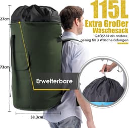 Waszak vuile was XXL 115 liter, waszak voor op reis met 2 gevoerde schouderbanden, waszak voor op reis, opvouwbare opbergzak, kledingtas, plundry bag rugzak — thumbnail 4