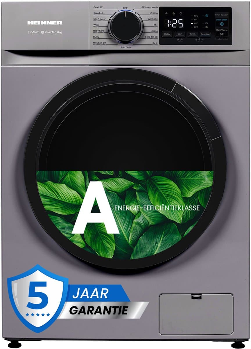Heinner HWM-M814IVNSA+++ Slanke Wasmachine 8 kg – 15 programma’s – 1400 tpm – Energieklasse A – Inverter Motor – LED-Display – Kinderslot – Zilver – 5 Jaar Garantie — afbeelding 1