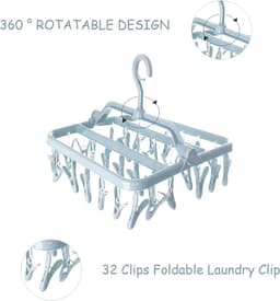 Droogrek voor kleding, opvouwbaar wasrek met 32 clips, opvouwbare wasknijperhanger voor sokken, handdoeken en bh's (lichtblauw) — thumbnail 3