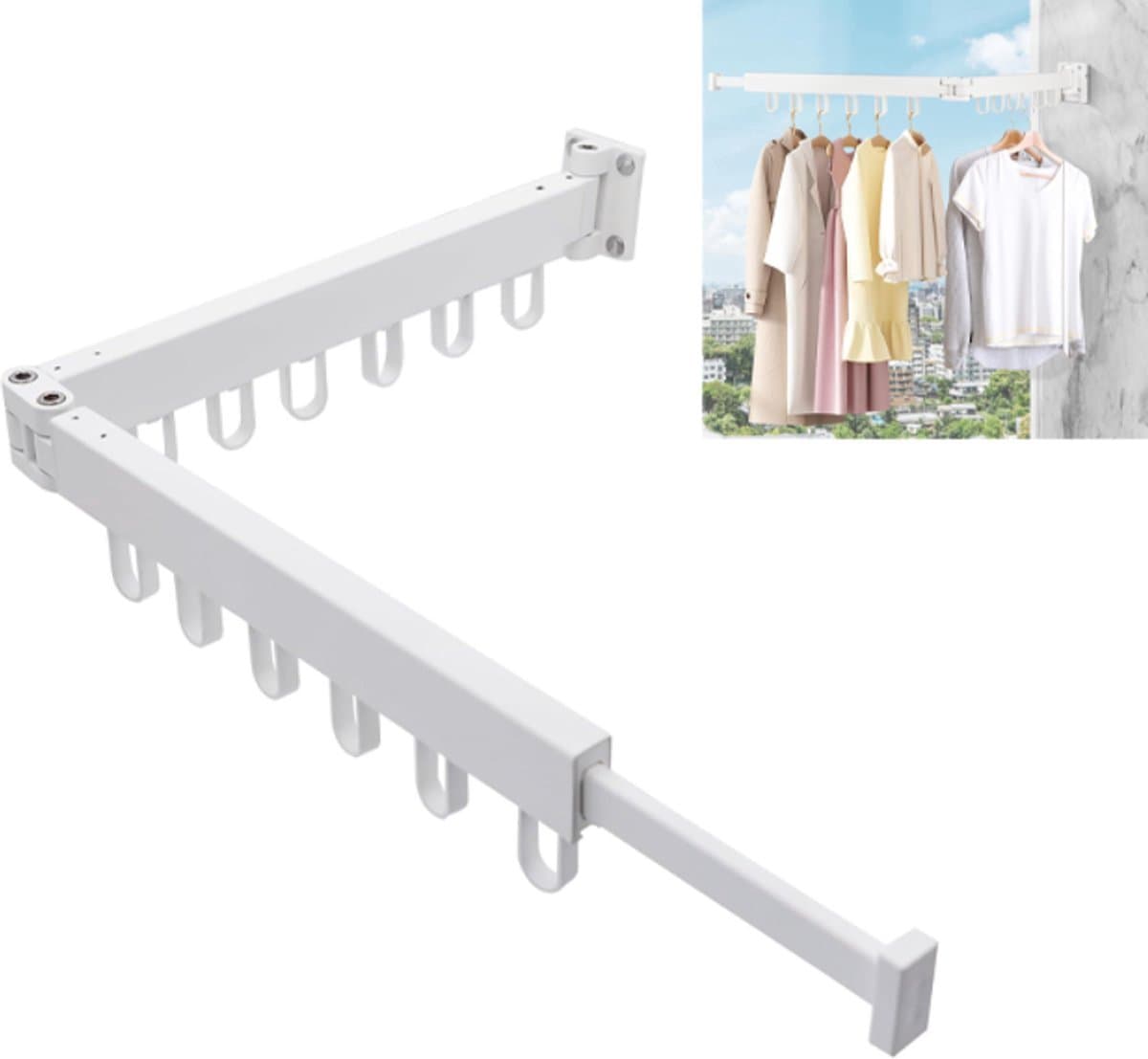 Inklapbaar Wanddroogrek - Uitklapbaar Kledingrek Wand - Uitklapbare Kledingroede Muur - 2-Voudig Wasrek - Voor Wasgoed, Balkon, Badkamer, Terras, Slaapzaal, Appartement - Wit - 1 stuk — afbeelding 1