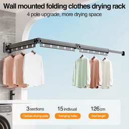 Opvouwbaar droogrek voor kleding - wandmontage - 126 cm - donkergrijs - aluminium — thumbnail 3