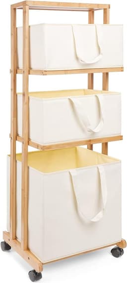 Bamboe Wasmand met Wieltjes en 4 Verdiepingen - Wasverzamelaar voor Badkamer - 121x34x42cm - 50kg Belastbaar - Natuur wassorteerder — thumbnail 1