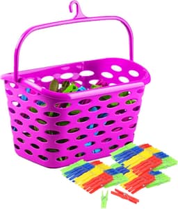 Plasticforte Wasknijpers ophang mandje/bakje - fuchsia roze - met 72x plastic knijpers — thumbnail 1