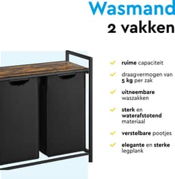 BRASQ Wasmand 2 vakken - Wassorteerder 76 Liter - Uitschuifbaar met Plank 73x33x71 cm - Wasbox Zwart Metaal - Bruin hout - Basket — thumbnail 5