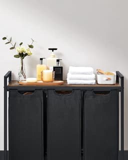 Wasmand 3 Vakken – Wassorteerder – Uitschuifbaar Met Plank – 114 L Verdeeld Over 3 Zakken – Wasmanden – Wasmand Zwart Metaal – 92,5 x 33 x 71 cm –Bruin Hout — thumbnail 4