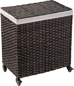 Wasmand van Rotan met Deksel - Grote Capaciteit van 100L, Verwijderbare Voeringzakken, Opvouwbaar, Met Wielen, Stevig Stalen Frame, Waterdicht & Ademend, Ideaal voor Badkamer, Slaapkamer of Wasruimte 60cm x 33cm x 58cm — thumbnail 1