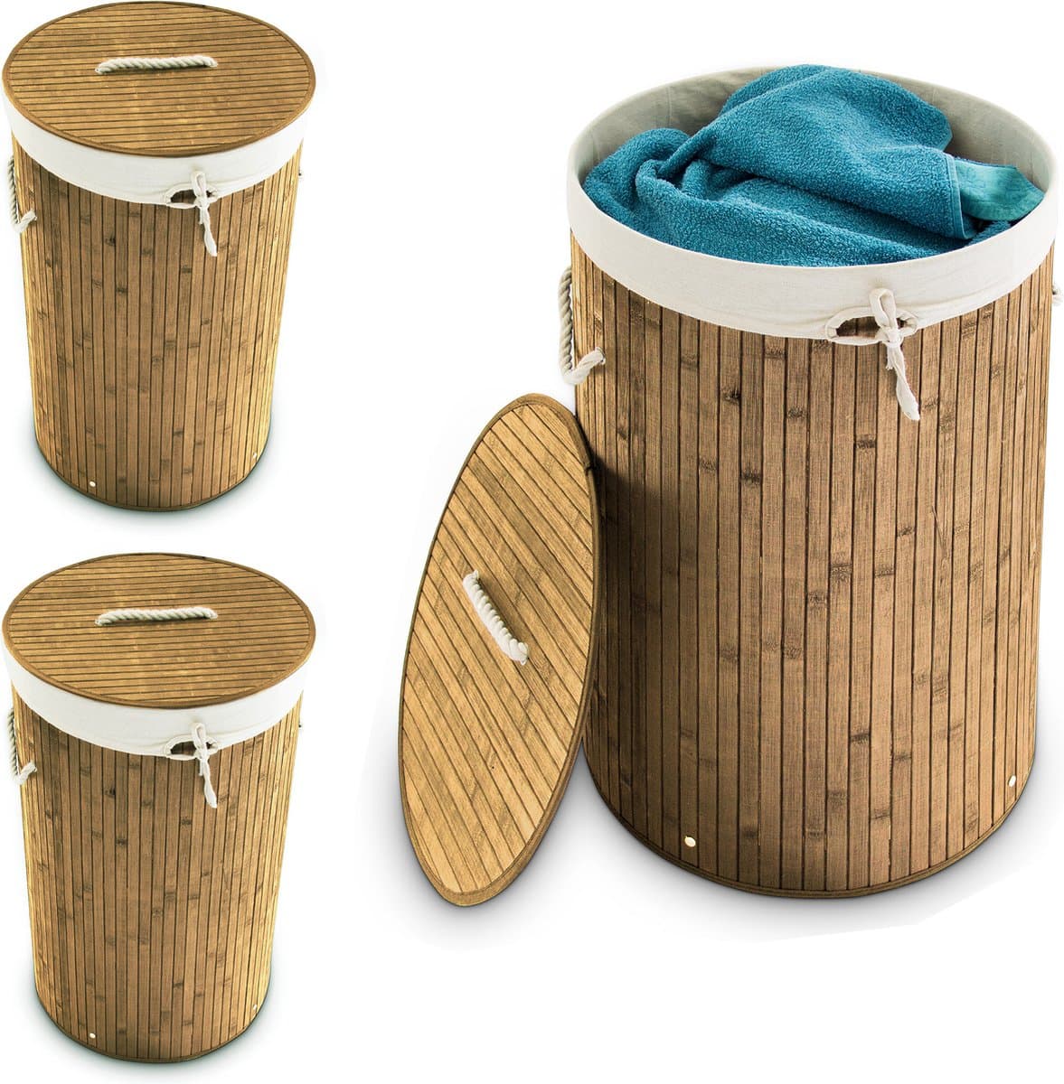 3x wasmand bamboe - wasbox met deksel - 70 liter - rond - 65 x 41 cm - natuur — afbeelding 1