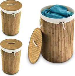 3x wasmand bamboe - wasbox met deksel - 70 liter - rond - 65 x 41 cm - natuur — thumbnail 1