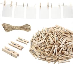 Dailygoods- Wasknijpers Mini Houten Set - 165 Stuks - Decoratieve Klemmen - 10 m Jute Touw - Natuurlijk Hout - Stevige Veer — thumbnail 1