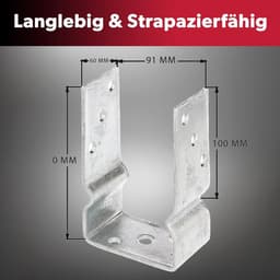 1x U-vormige paalsteun, vrije breedte 91 mm, totale lengte 150 mm, thermisch verzinkt staal, paalsteun voor vastschroeven of betonneren, U-profiel staal, grondanker, balkdrager — thumbnail 4