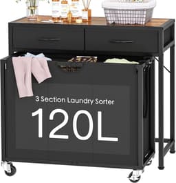 Wassorteerder met Wielen - Roller Wasmand Organizer - Was Sorteren en Opbergen - 3 Secties Uittrekbare Zakken - 80x32x76 cm — thumbnail 1