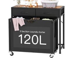 Wassorteerder met Wielen - Roller Wasmand Organizer - Was Sorteren en Opbergen - 3 Secties Uittrekbare Zakken - 80x32x76 cm