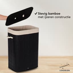 Lexorion Wasmand met Deksel Zwart - Bamboe - Wassorteerder - Wasbare katoenen waszak - Handvatten - 72 Liter - Zwart — thumbnail 3