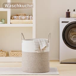 Wasmand, opbergmand, geweven mand, grote ronde wasmand van 72 liter met katoenen handvatten voor de kinderkamer, mand voor dekens en speelgoed voor de woonkamer of wasruimte, bruin en wit — thumbnail 2
