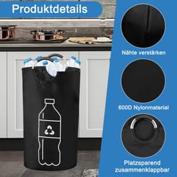 Inzamelbak voor statiegeldflessen van 115 liter, extra grote opvouwbare flesseninzamelbak voor lege glazen flessen, opvouwbare wasmand, opbergbak voor statiegeldflessen met zachte aluminium handgrepen, zwart — thumbnail 2