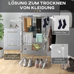 Pugsdrly Mobiele droogrek, wasdroger, 3 niveaus, inklapbaar, zilver + wit — thumbnail 5