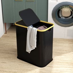 Dubbele opvouwbare wasmand van 80 liter met deksel - gegroefde handgrepen - zwart — thumbnail 5