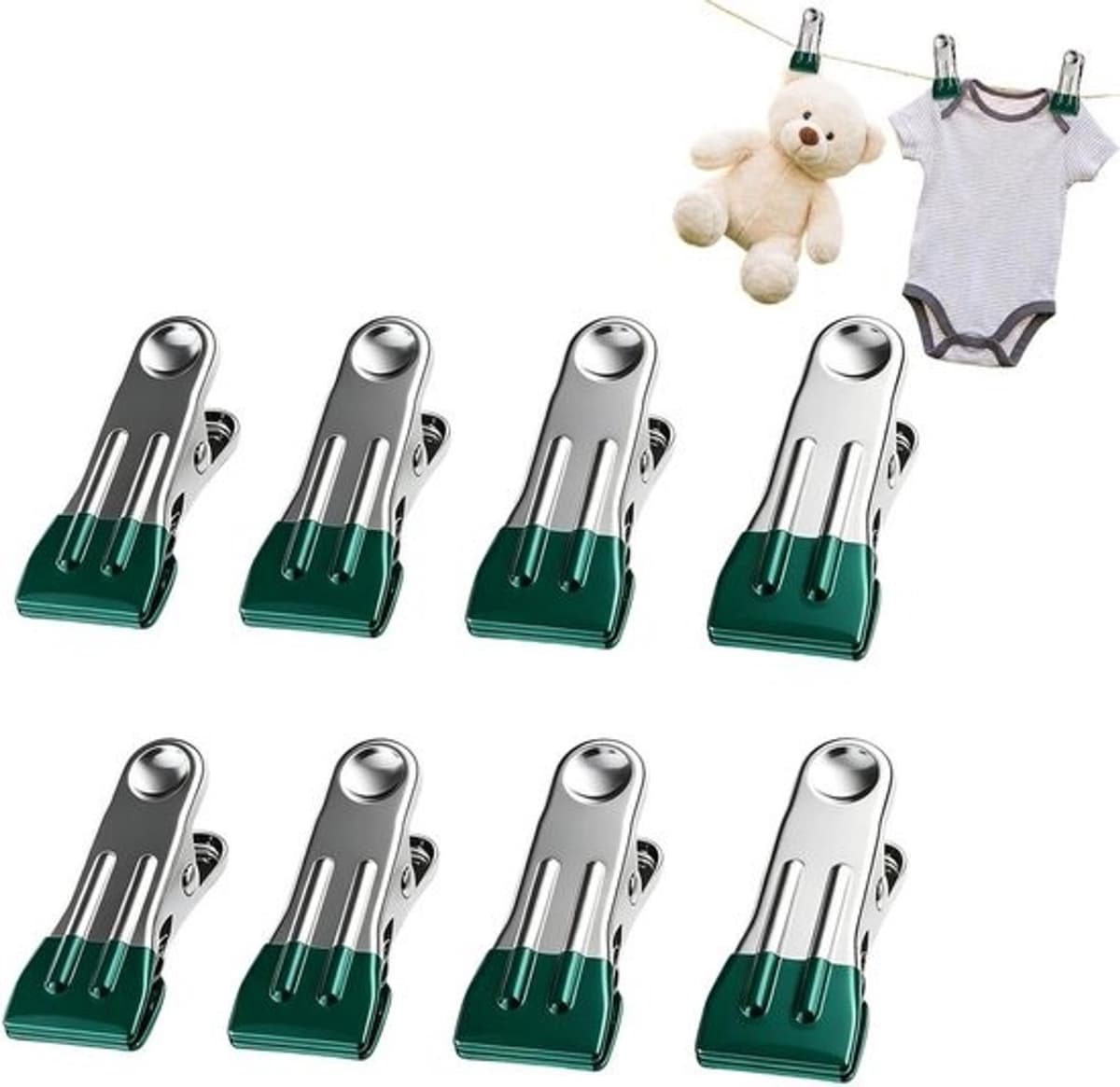 Wasknijpers van Roestvrij Staal - Kledingklemmen - Was Drogen - Weerbestendige Grip - 8 Stuks - Groen — afbeelding 1