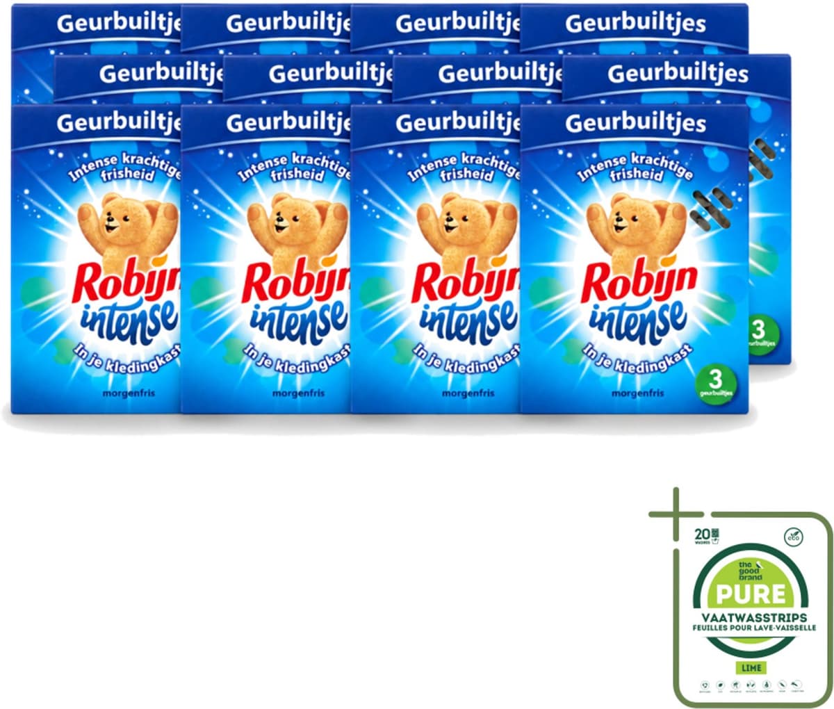 12 x Robijn - Intense - Geurbuiltjes - Langdurige Geur - Intense Frisheid - 3 Geurbuiltjes - Grootverpakking - Vaatwasstrips - Geur In Kleding - Frisheid Kleding - Geur In Tas - Geur In Koffer - Geur In Auto — afbeelding 1