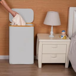 Efluky Wasmand met deksel, 75 l, smalle wasmand met wasbare binnenzak, lichtgrijs wasmand met bamboe handgrepen, opvouwbare wasmand voor waskeuken, slaapkamer, badkamer — thumbnail 2
