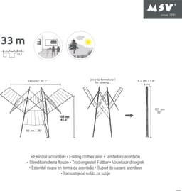 MSV Accordeon Wasrek Droger - Opvouwbaar Droogrek - 33m Drooglengte - Staal - 130x66x106cm - Wit — thumbnail 5