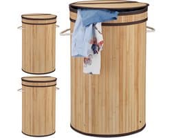 3x wasmand bamboe - ronde wasbox met deksel - 63 x 40 cm - 65 liter - natuur