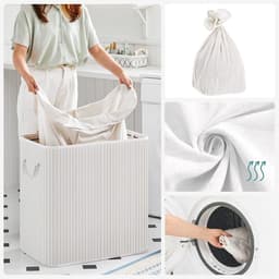 SONGMICS - Wasmand 150 liter - 3 sorteervakken - 60x40x61.5 - bamboe met stof - wit LCB091W01 — thumbnail 4