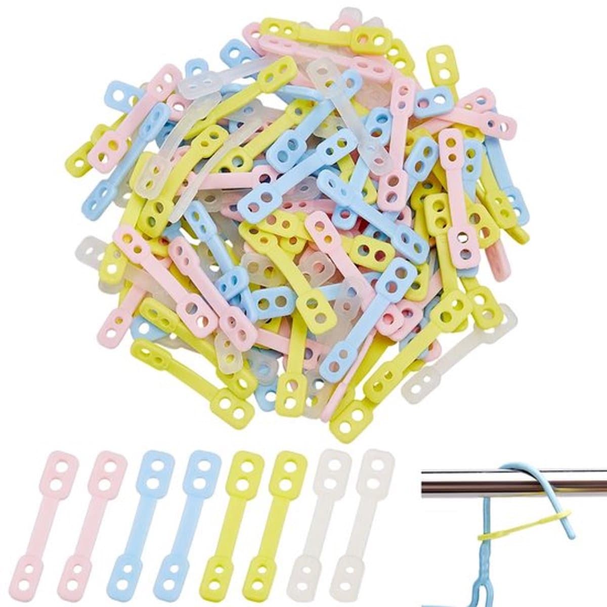 120 stuks winddichte hangerbevestigingen 57x12 mm kleurrijke siliconen hangergespen 4 kleuren winddichte kledinghangerstriphaak voor buiten waslijn reizen hangende kleding — afbeelding 1