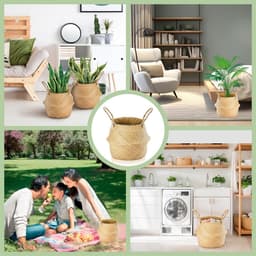 2 stuks zeegras opbergmanden, kleine wasmand, manden voor planken, opvouwbare rotan opbergdoos, rieten mand met handvat, rieten plantenpot voor woonkamer, slaapkamer, badkamer (M, 24 x 26) — thumbnail 4