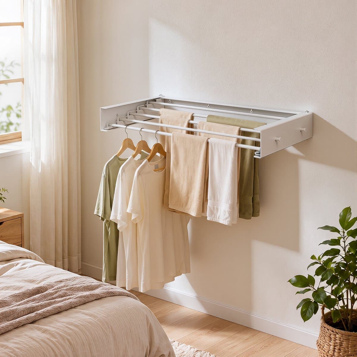 80 cm Wanddroogrek Inklapbaar - Droogrek Inklapbaar - Wasrek Hangend - Uitklapbaar - Muur - Ophangbaar - Incl. 4 Handdoek Haakjes - Draagkracht 25 kg - Wit — afbeelding 1