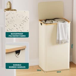 Wasmand met deksel, 85 liter, smal, met waszak, groot, opvouwbaar, hout, bamboe, wasmand, hoog, beige — thumbnail 3
