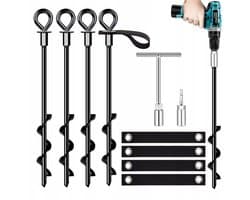 Spiraal Grondanker Set – Zware Grondschroef - Tentankers - 4 Stuks - T-handgreep & 14mm Adapter - RVS - Elektrisch of Handmatig - Windbestendig - Diepe Grip in Grond - Voor Tent & Trampoline & Schommel